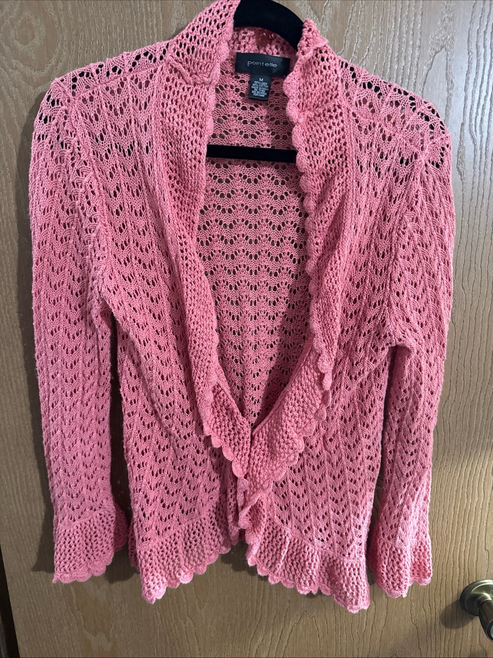 Pointelle Pink Open Knit Linen And Cotton Cardigan Sweater, Size Medium